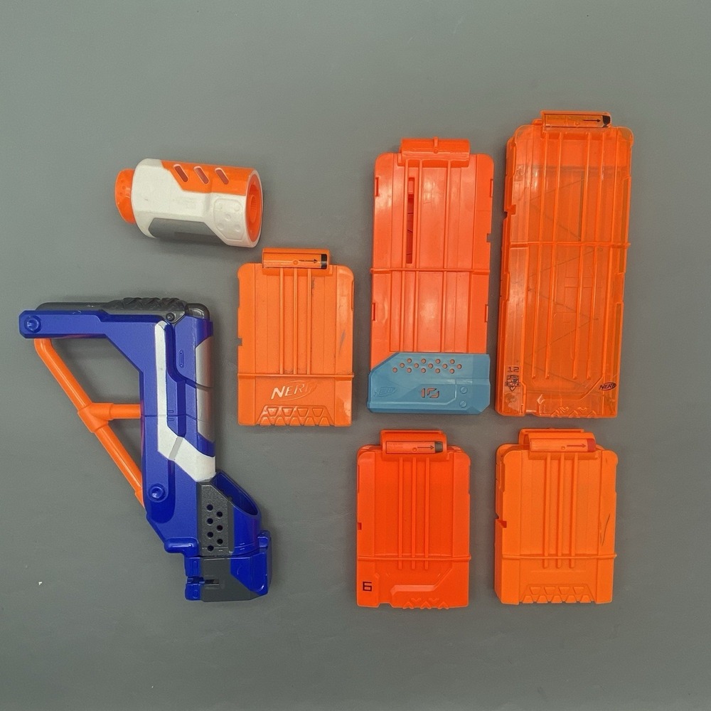 Nerf Blaster Parts Lot Stock Extension Barrel & 5 Dart Magazines Clips